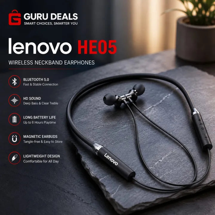 Lenovo HE05 Wireless Neckband Bluetooth 5.0 Headphone Wireless Headset With Heavy Bass Stereo Earphones High Quality Magnetic