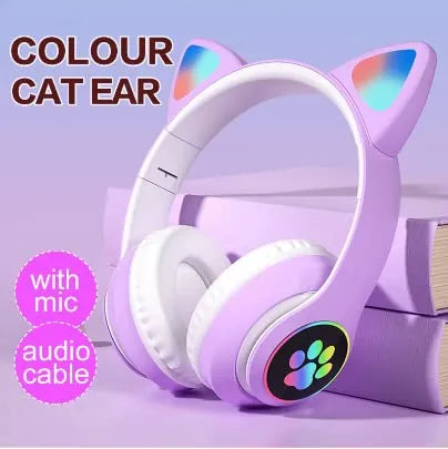 Bluetooth Headphones - cat ear style lighting light headphone Glowing LED Light-Up Foldable Headset for Kids and Adults
