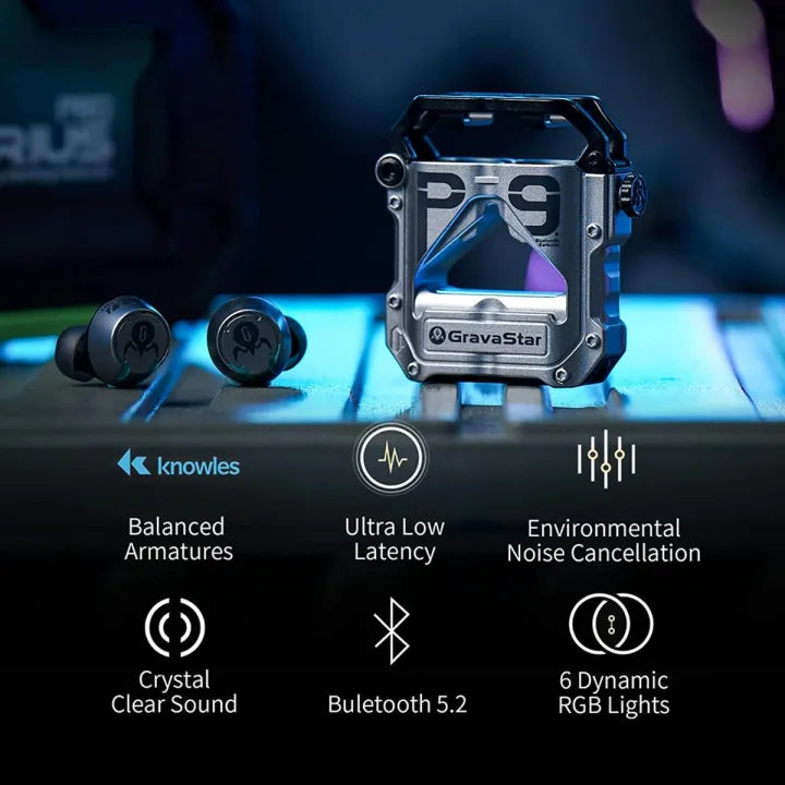Zinc Alloy Cyberpunk Design, 3D Bass, IPX5 Waterproof, Touch Control, RGB Charging Case, Gray and Yellow