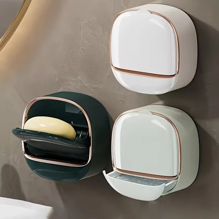 Luxury Soap Holder with Drain Tray, Waterproof Soap Dish with Drainage Box, Soap Box, Soap Dish with Lid, Wall Mounted Drain Soap Box