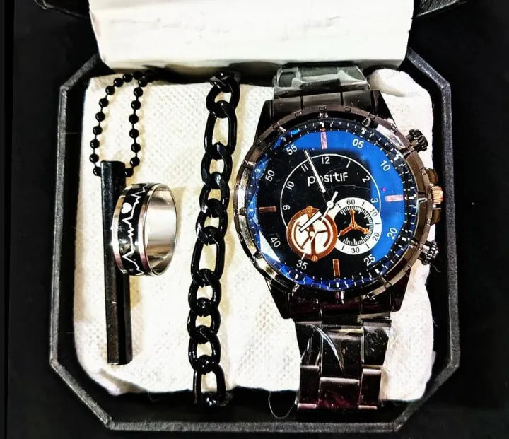Pack of 4 Men's Fashion Business Watch Set | Elegant Casual Watch + Chain Bracelet + Heartbeat Ring + 3D Bar Locket | Premium