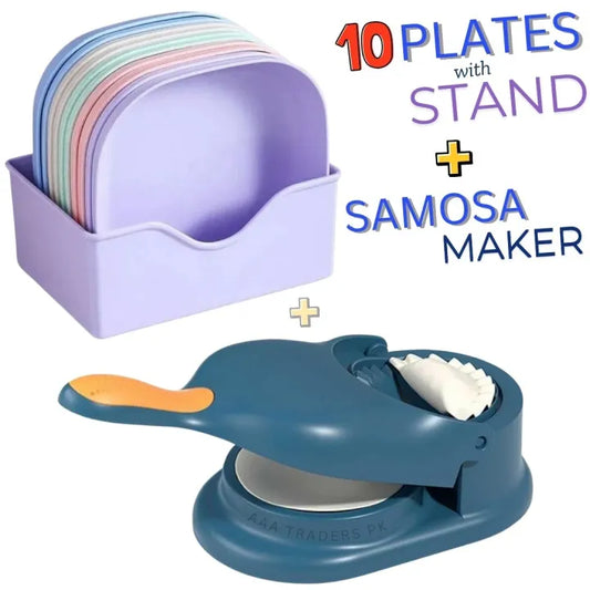 2in1 Samosa & Kachori Maker, LARGE SIZE Dumpling Maker Machine & 10Plates With Stand Colorful Plastic Plate Multi-function
