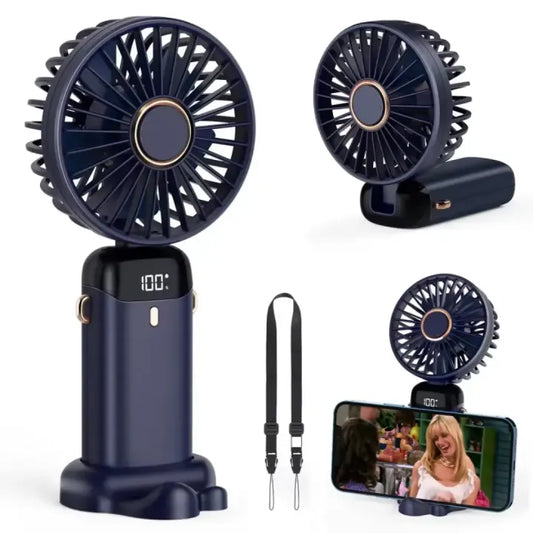 Handheld Mini Fan Foldable Portable Neck Hanging Fans 5 Speed USB Rechargeable Fan with Desk Phone Stand and LED Display Screen