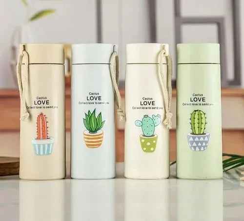 Cactus 400ml Glass Water Bottle - Insulated for Ultimate Freshness - Perfect for School, Gym, and Office Use - Durable Glass/Plastic
