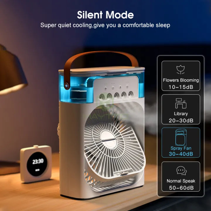 Portable air conditioner fan 3 In 1 Desk Cooling Fan Spray Fan Quiet Cooling Air 3 Gear Wind Adjustment 7 Ambient Light Timer Mute USB