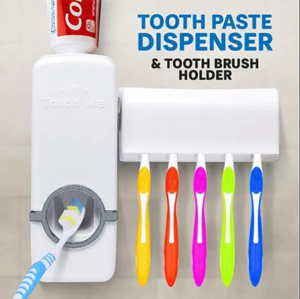 Toothpaste Dispenser, Washroom Accessories, Toothbrush holder, Wall mounted toothpaste dispenser & 5 toothbrush holder set, White