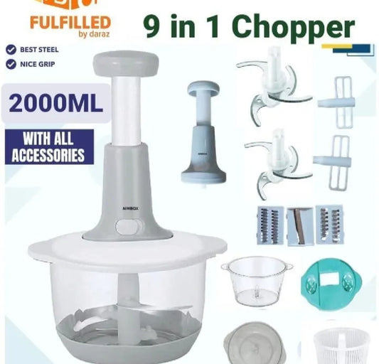 9-in-1 Vegetable Chopper 2000ML and Manual Push Chopper 1500ML – Hand Chopper Machine 1.5L – Manual Vegetable Cutter &