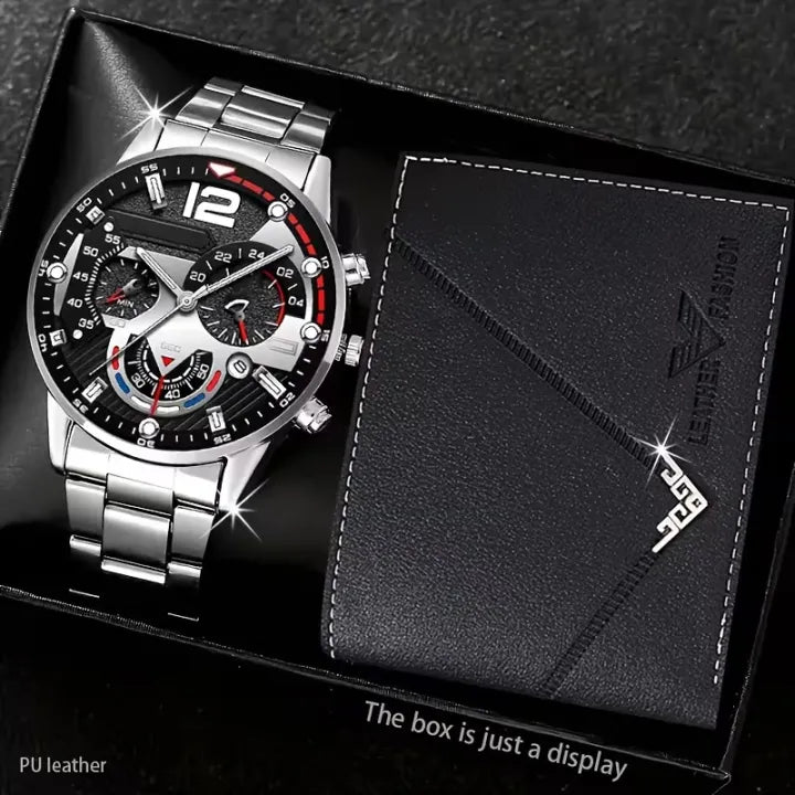 2PCS Men’s Quartz Watch + Wallet Combo | Luxury Analog Wrist Watches with Slim Wallet | Stylish Gift Set for Men